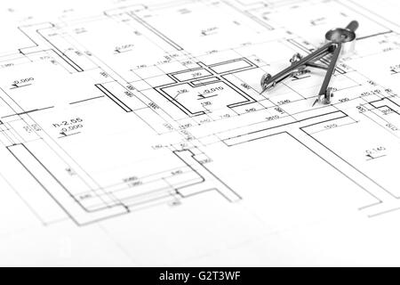 Architectural background with technical drawings and work tools Stock Photo