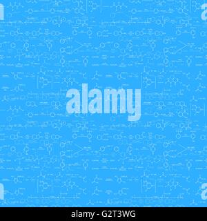 White recondite chemical equations and formulas written on blue, seamless pattern Stock Vector