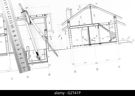Architectural blueprints of new homes, ruler and drawing compass Stock Photo