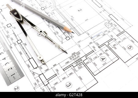House building construction plans with pencil and drawing compass Stock Photo
