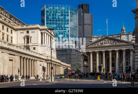 The Bank Of England and The West facade of The Royal Exchange seen from Bank Junction in The City Of London , London , UK Stock Photo