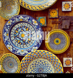 Handmade painted majolica pottery ceramic handicrafts plates. Deruta, Umbria, Italy local crafts. Stock Photo