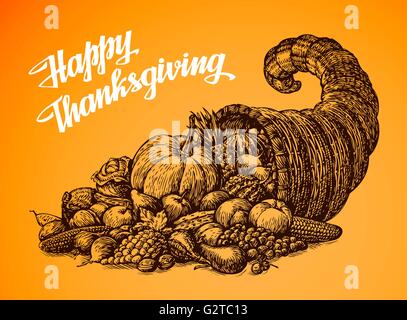 Thanksgiving Day. Hand drawn vector illustration Cornucopia or Horn of Plenty. Vegetables and Fruits Stock Vector