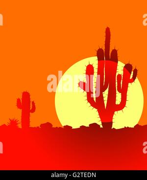 Sunset in desert with cactuses Stock Vector