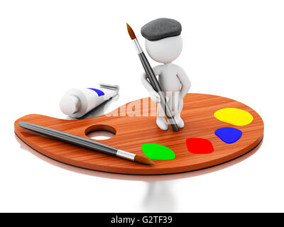 3d renderer image. White people artist on color palette. Isolated white background. Stock Photo