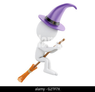 3d renderer image. Witch flying on broom. Halloween concept. Isolated white background. Stock Photo