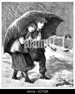 Black and white engraving of a Victorian boy and girl in the snow under an umbrella. Stock Photo