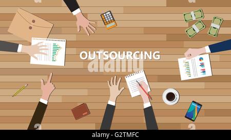 outsourcing team discussing on top of the table together vector graphic Stock Vector