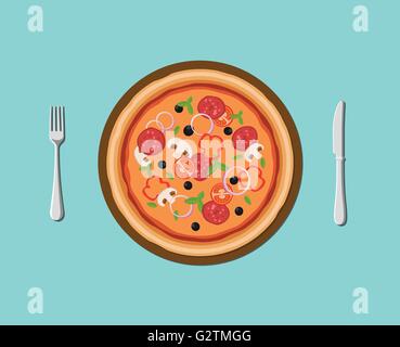 pizza food on plate with spoon and fork flat style vector graphic Stock Vector