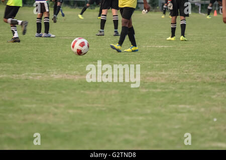 Boys are playing soccer. Boys are running in motion. Stock Photo