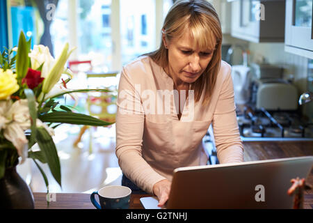Woman Using Laptop In Kitchen Of Stylish Apartment Stock Photo