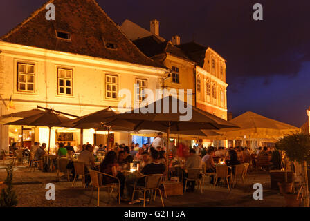 Piata Mica ( Small Square ) and restaurant, Romania, Transilvania, Transylvania, Siebenbürgen (Transsilvanien) , Sibiu Stock Photo