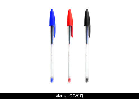 Blue, Red and Black pens photographed against a white background. Stock Photo