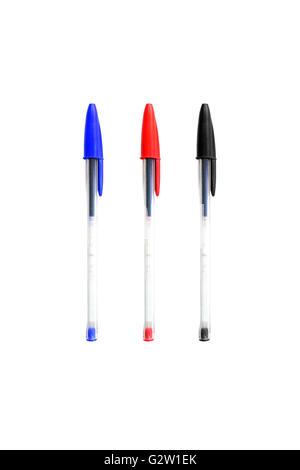 Blue, Red and Black pens photographed against a white background. Stock Photo