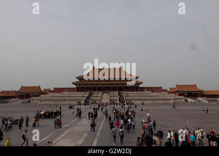 Aerial view on Forbidden City seen from Jingshan Park in dusty Bejing, China Stock Photo