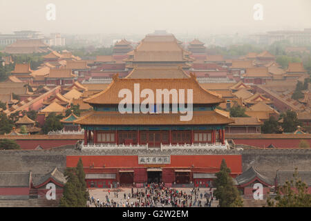 Aerial view on Forbidden City seen from Jingshan Park in dusty Bejing, China Stock Photo