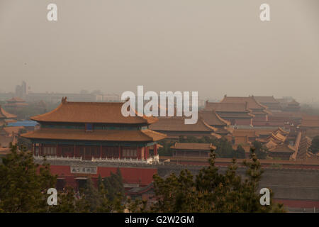 Aerial view on Forbidden City seen from Jingshan Park in dusty Bejing, China Stock Photo