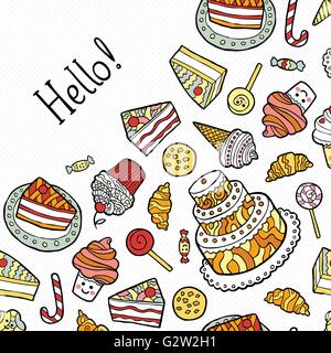 Greeting Card with doodle sweets on dotted background. Stock Vector