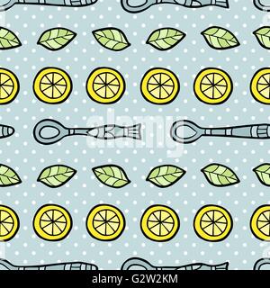 Seamless pattern with spoon, lemon and tea leafs. Stock Vector