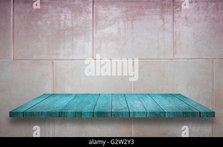 Top of blue wooden shelf on ceramic tiles wall texture background, stock photo Stock Photo