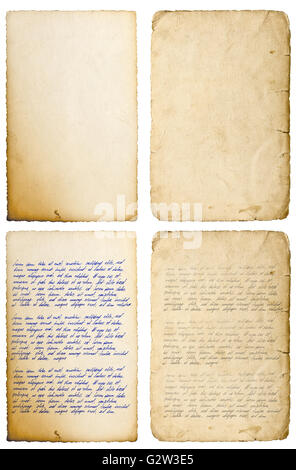 Old paper sheets with edges isolated on white. Handwritten letter. Latin text Lorem ipsum. Handwriting. Calligraphy. Manuscript. Stock Photo