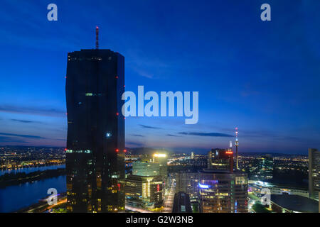 DC Tower 1 in the Danube City, left the Danube and New Danube, right the Donauturm, Austria, Vienna, Wien Stock Photo