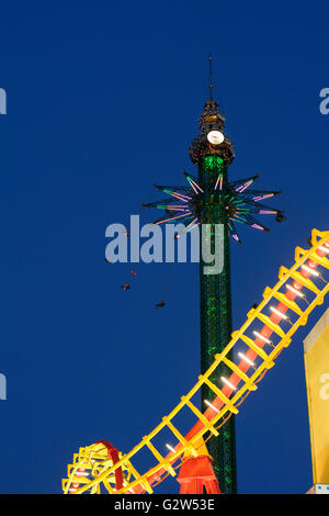 Whirligig ' Praterturm ' and roller coaster in Prater, Austria, Vienna, Wien Stock Photo