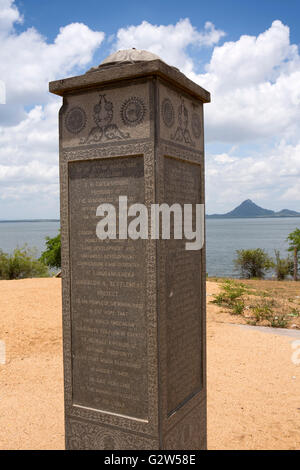 Sri Lanka, Lunugamvehera National Park, Lugumvahera Reservoir, commemorative stone Stock Photo