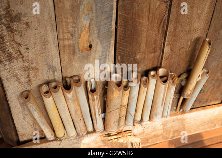 Bamboo sticks on a Kayah stilt house representing the age of the building, Dawtamakyi village, Kayan State, Myanmar Stock Photo