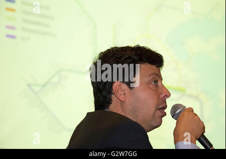 (160603) -- RIO DE JANEIRO, June, 3, 2016 (Xinhua) -- Rodrigo Vieira, secretary of transport of Rio de Janeiro state, addresses a press conference in Rio de Janeiro, Brazil, on June 2, 2016. in Rio de Janeiro, Brazil. According to Rodrigo Vieira, 96 percent of the construction work of metro line 4, which links the Barra and Centro zone, has been completed. (Xinhua/Li Ming) Stock Photo