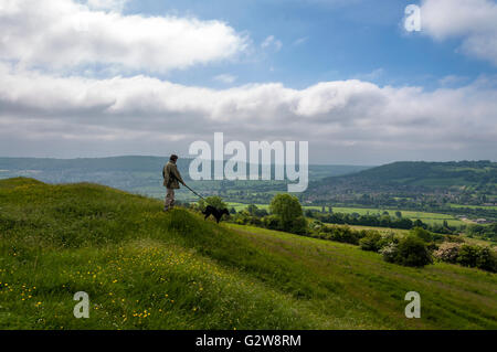 Little Solsbury Hill, Batheaston, Somerset. UK weather. 3rd June 2016. A dog walker admires the view from atop the old Iron Age fort on a warm, humid day. Photo by: Credit:  Richard Wayman/Alamy Live News Stock Photo