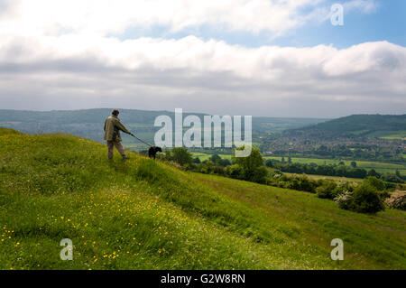 Little Solsbury Hill, Batheaston, Somerset. UK weather. 3rd June 2016. A dog walker admires the view from atop the old Iron Age fort on a warm, humid day. Photo by: Credit:  Richard Wayman/Alamy Live News Stock Photo