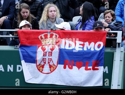 Paris, France. 03rd June, 2016. Roland Garros, Paris, France, French Open tennis championships, day 13. Novak Djokovic Fans shows this support Credit:  Action Plus Sports Images/Alamy Live News Stock Photo