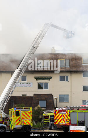 Bournemouth, Dorset UK 3 June 2016. Fire crews putting out fire at old Belvedere Hotel, Bath Road, Bournemouth and checking to see if any rough sleepers are inside. Credit:  Carolyn Jenkins/Alamy Live News fire engine fire engines ambulance ambulances Stock Photo