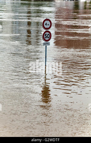 Paris, France. 03rd June, 2016. Seine river water flooding after major rainfalls. Street signs underwater. Credit:  Guillaume Louyot/Alamy Live News Stock Photo