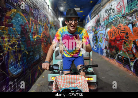 Ann Arbor, MI, USA. 3rd June, 2016. Andrew McCormick operates a pedicab in an alley in Ann Arbor, MI. © Mark Bialek/ZUMA Wire/Alamy Live News Stock Photo