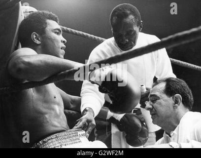 FILE - An archive picture dated 10 September 1966 shows heavyweight boxing world champion Muhammad Ali aka Cassius Clay (L) during a break being cared for by his trainer Angelo Dundee (R) and an assistant in Frankfurt Main, Germany. Ali defended his title against the German European Champion Karl Mildenberger at the Waldstadion in Frankfurt on 10 September 1966. Muhammad Alis's longtime trainer Angelo Dundee died in Los Angeles aged 90 on 01 February 2012. Dundee's last public appearance was on the occasion of Ali's 70th birthday on 17 January 2012. Photo: dpa | usage worldwide Stock Photo