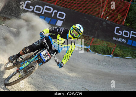 Fort William, Scotland, UK. 04th June, 2016. Edward Masters NZL practicing on the course for the Downhill Mountain Bike World Cup at Fort William, Scotland on June 4th 2016. Credit:  Malcolm Gallon/Alamy Live News Stock Photo