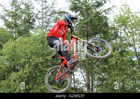 Fort William, Scotland, UK. 04th June, 2016. Rider practicing on the course for the Downhill Mountain Bike World Cup at Fort William, Scotland on June 4th 2016. Credit:  Malcolm Gallon/Alamy Live News Stock Photo