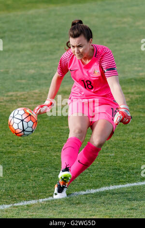 Ballarat. 4th June, 2016. MACKENZIE ARNOLD (18) of Australia kicks the ball during an international friendly match between the Australian Matildas and the New Zealand Football Ferns as part of the teams' preparation for the Rio Olympic Games at Morshead Park in Ballarat. Sydney Low/Cal Sport Media. Credit:  csm/Alamy Live News Stock Photo