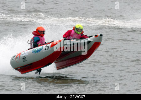 International Mersey River Festival, Liverpool, Merseyside. 4th June 2106. The driver of this Thundercat speed boat gets airborne during the high speed time trial event on the Mersey River. The attraction appears as part of the Mersey River Festival taking place at Liverpool's Albert Dock over the bank holiday weekend. Credit:  Cernan Elias/Alamy Live News Stock Photo