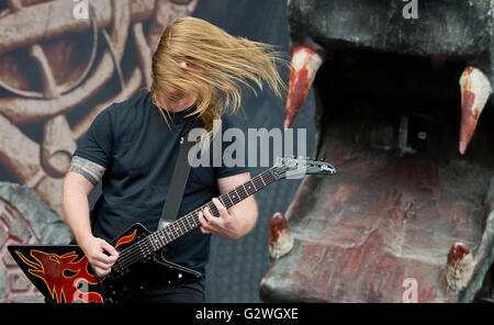 Nuremberg, Germany. 04th June, 2016. Swedish death metal band Amon Amarth performs at the Rock im Park music festival in Nuremberg, Germany, 04 June 2016. More than 80 bands are set to perform at the festival until 05 June. Photo: DANIEL KARMANN/dpa/Alamy Live News Stock Photo