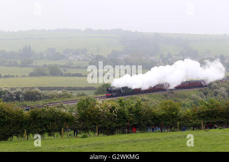 Harringworth, Leicestershire, UK. 4th June, 2016.  The Flying Scotsman steam train crosses the Harringworth viaduct (also know as the Welland viaduct), in Leicestershire, after its £4.2 million refit, which was completed earlier this year. The Harringworth viaduct has 82 arches and is  1.166km long (1,275 yards), and is the longest masonry viaduct across a valley in Great Britain.   Credit:  Paul Marriott/Alamy Live News Stock Photo