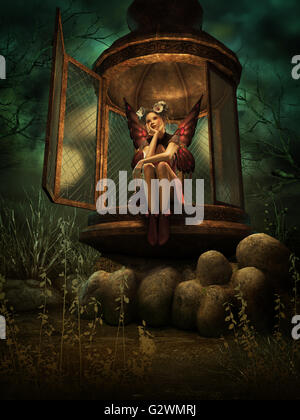 3d computer graphics of a fairy with white poppies in her hair sitting in a big lantern at night Stock Photo