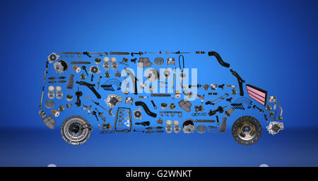 Images bus assembled from new spare parts. Cargo shop Stock Photo