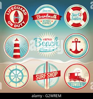 Vintage set of beach labels and badges. EPS 10 available with gradient mesh. EPS file is organized, grouped, and layered for eas Stock Vector