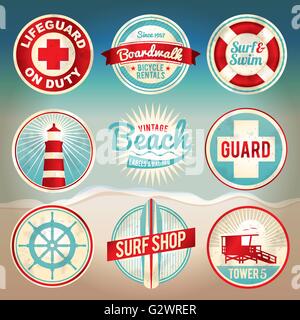 Vintage set of beach labels and badges. EPS 10 with gradient mesh. File is organized, grouped, and layered for easy separation o Stock Vector