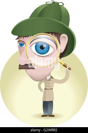 A detective searching for the smallest clues to solve the mystery with his magnifying glass. Stock Vector