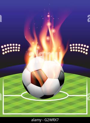 An illustration of a flaming soccer ball and stadium. Vector EPS 10 available. EPS contains transparencies and gradient mesh. Stock Vector