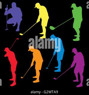 A set of silhouettes of a man golfing with a driver, putter, and irons. Vector EPS 10 illustration available. Stock Vector